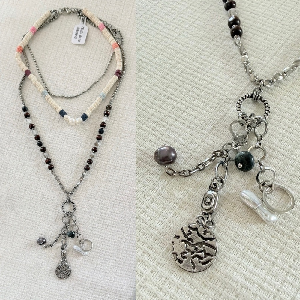 New Free People Layered Silver and Pearl Charm Necklace - Picture 1 of 5
